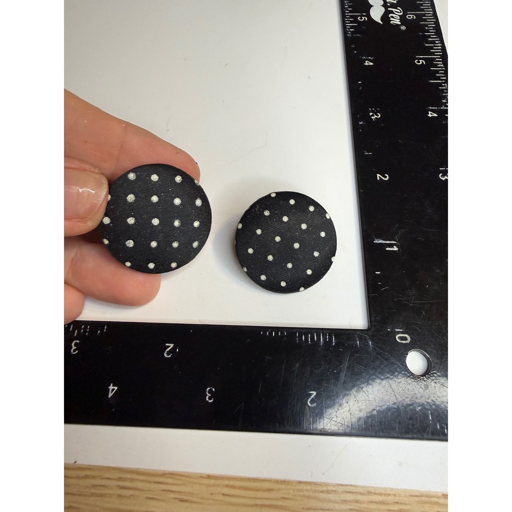 Vintage Black Polka Dot Fabric Covered Button Clip On Earrings Round 1 Inch